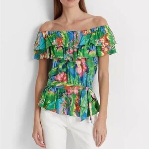 NWOT 3X LAUREN RALPH LAUREN FLORAL OFF-SHOULDER TOP Green Hibiscus Tropical New